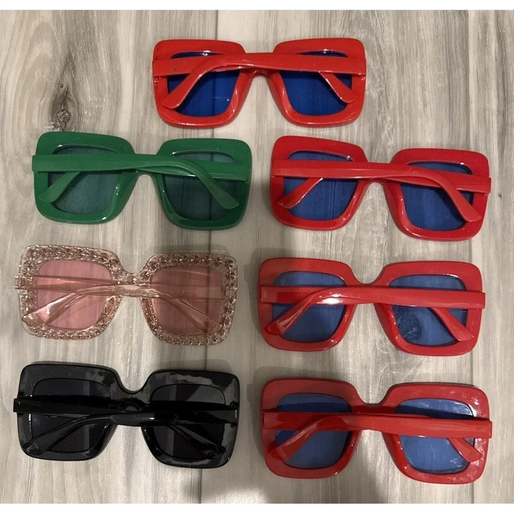 Lot of 7 Rhinestone Oversized Square Sunglasses UV400–BNWT-Red,Green,Pink&Black